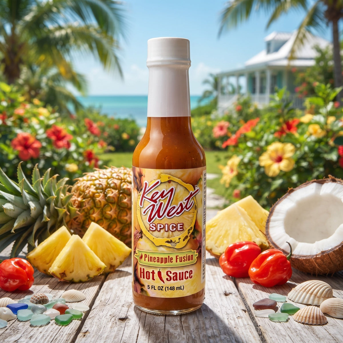 Key West Spice Pineapple Fusion Hot Sauce in a 5 oz. bottle, featuring a vibrant label with pineapple and spicy sauce inside.
