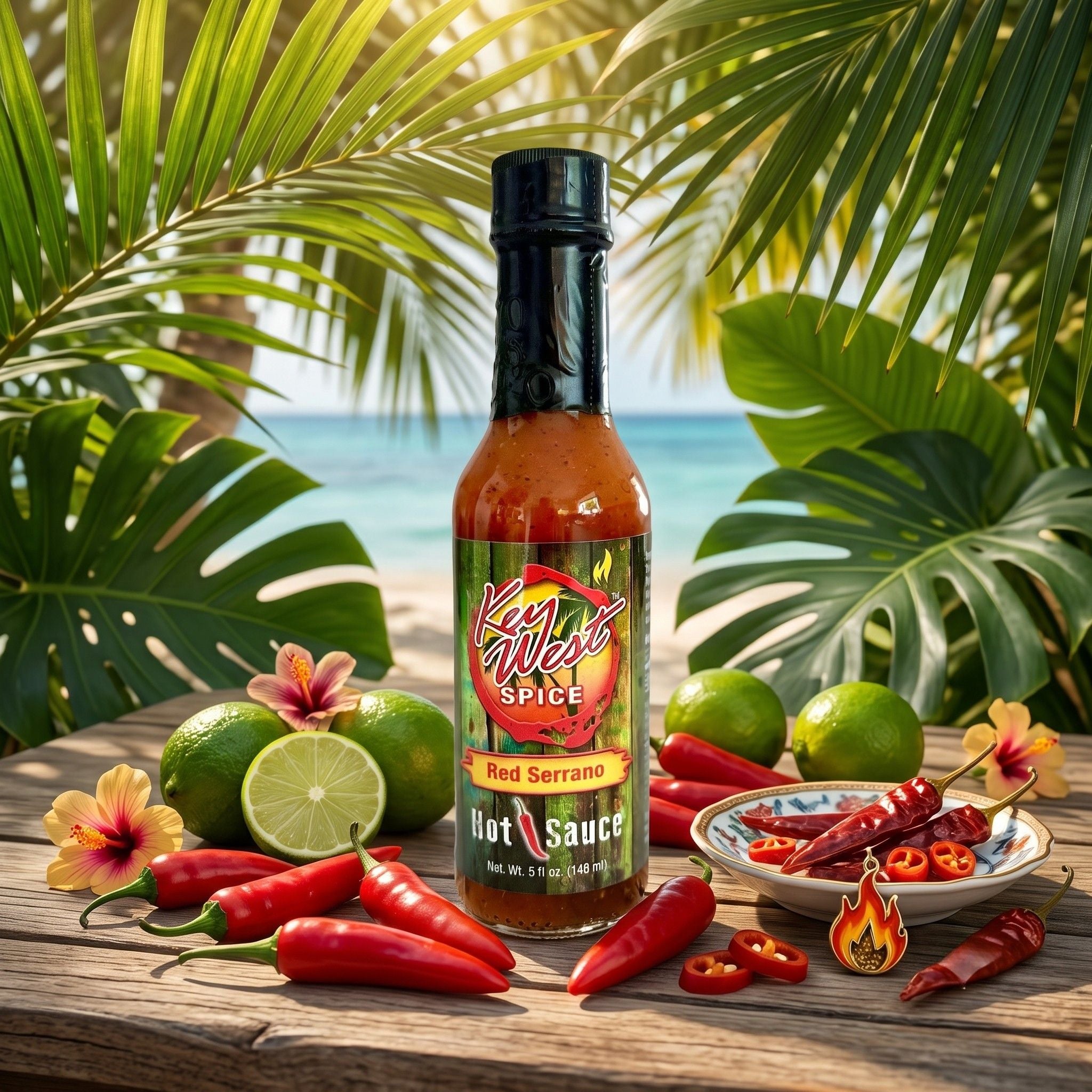 A bottle of Key West Spice Red Serrano Hot Sauce stands on a wooden table surrounded by fresh limes, red chili peppers, flowers, and a small plate of sliced chilies, with palm leaves and a beach scene in the background.