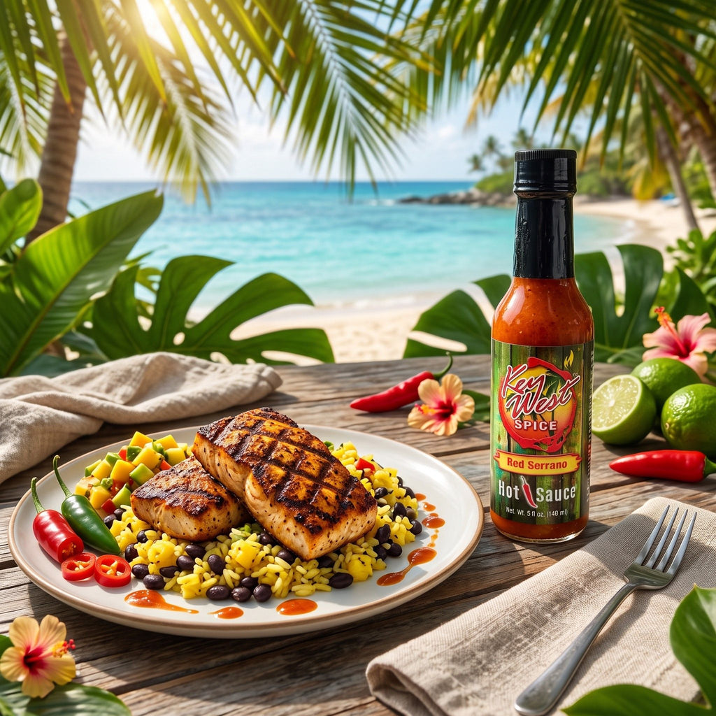 A bottle of Key West Spice Hot Sauce is displayed on a wooden table next to a plated meal of grilled salmon, rice, and beans, set against a tropical beach background with palm trees and limes.