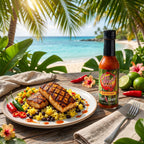 A bottle of Key West Spice Hot Sauce is displayed on a wooden table next to a plated meal of grilled salmon, rice, and beans, set against a tropical beach background with palm trees and limes.