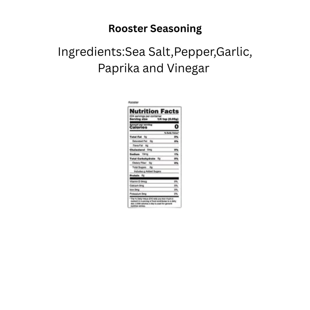 Container of Key West Spice Rooster Seasoning with nutritional information label, showcasing colorful packaging and ingredients.