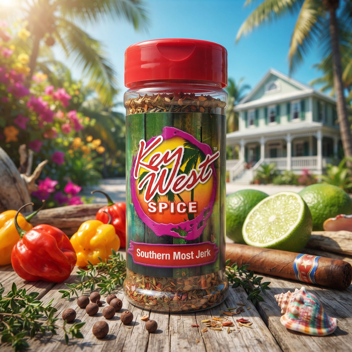 Key West Spice Southern Most Jerk spice blend in a jar, featuring vibrant seasoning with herbs and spices for flavorful jerk dishes.