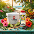 Two containers of Spicy Mesquite BBQ seasoning displayed on a rustic turquoise table surrounded by tropical flowers, limes, and leaves, with a beach backdrop.