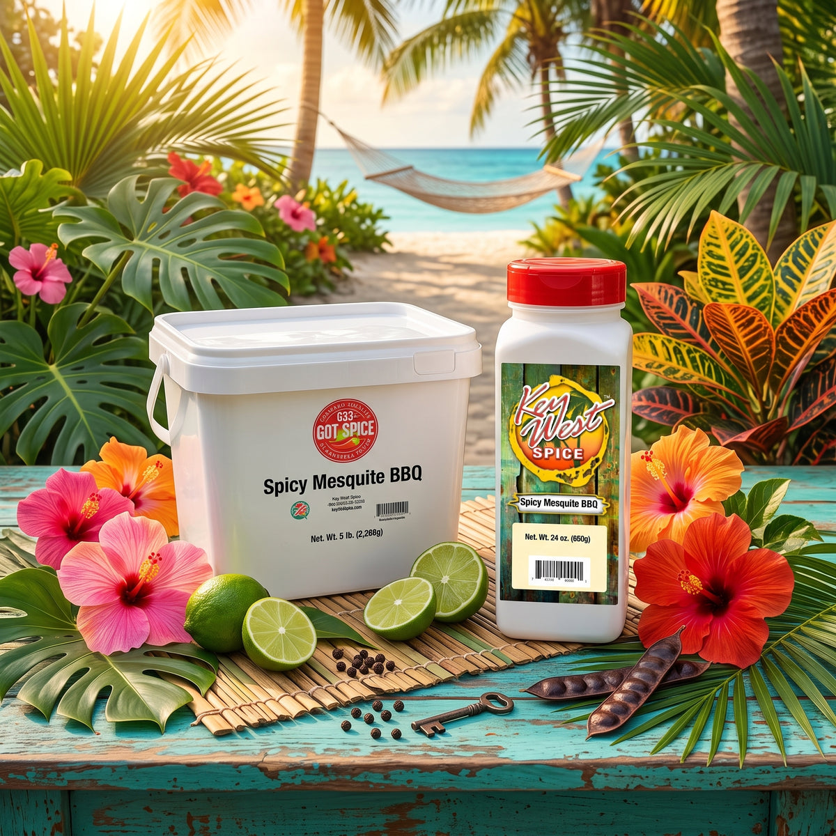 Two containers of Spicy Mesquite BBQ seasoning displayed on a rustic turquoise table surrounded by tropical flowers, limes, and leaves, with a beach backdrop.