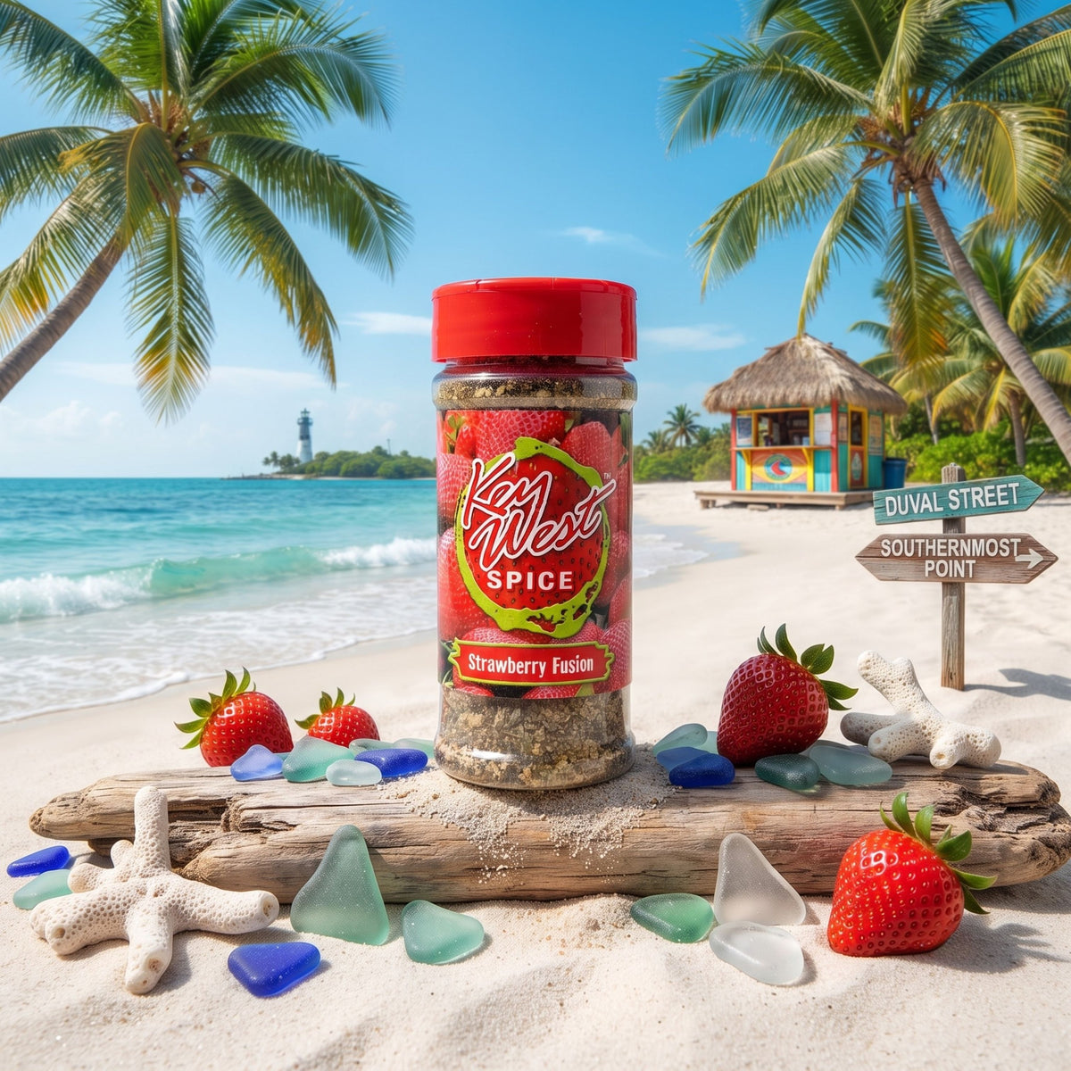 Key West Spice Strawberry Fusion salt-free, sugar-free seasoning with fresh strawberry flavor and vibrant red color.