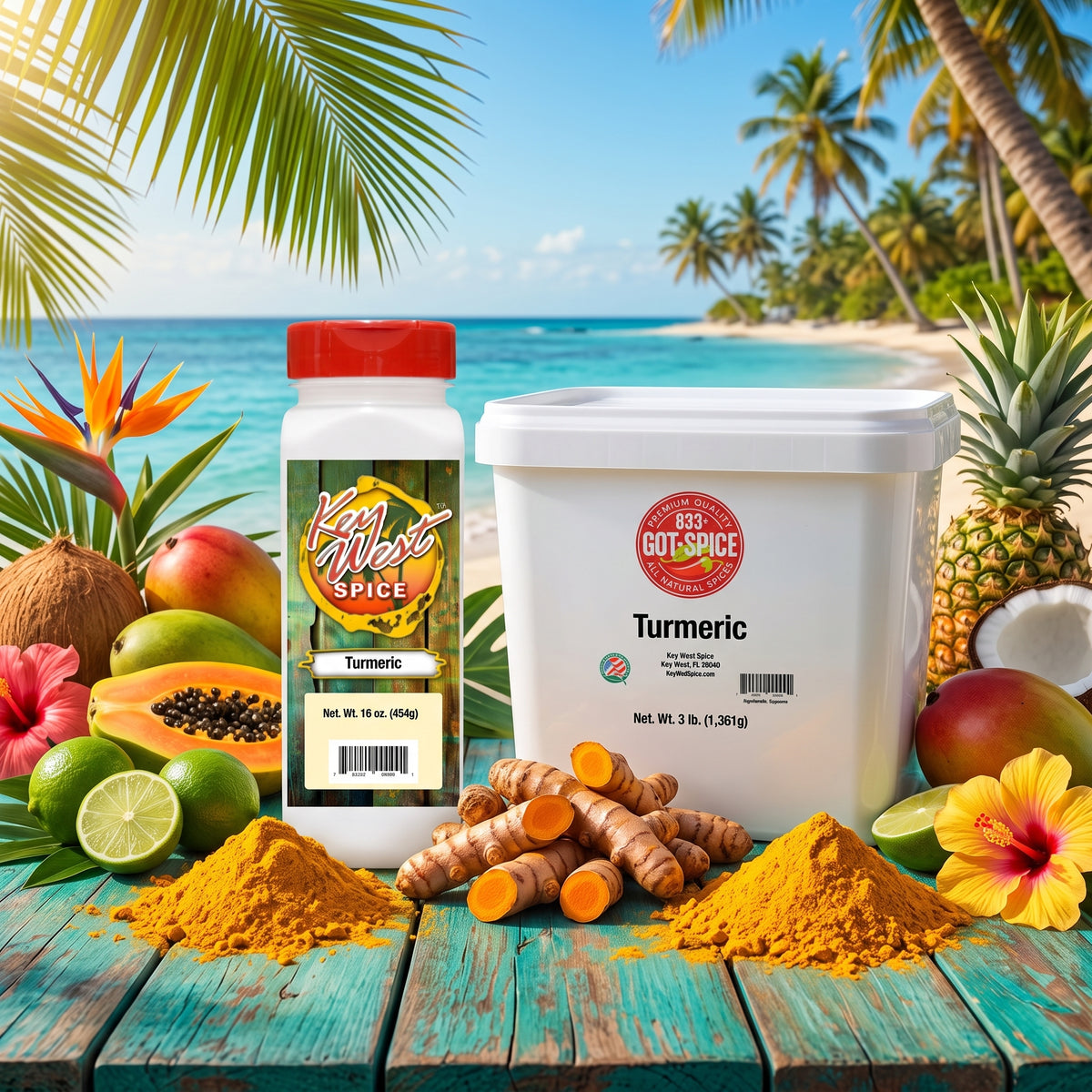 Ground turmeric spice from Key West Spice, showcasing bright yellow powder in a clear jar on a kitchen countertop.
