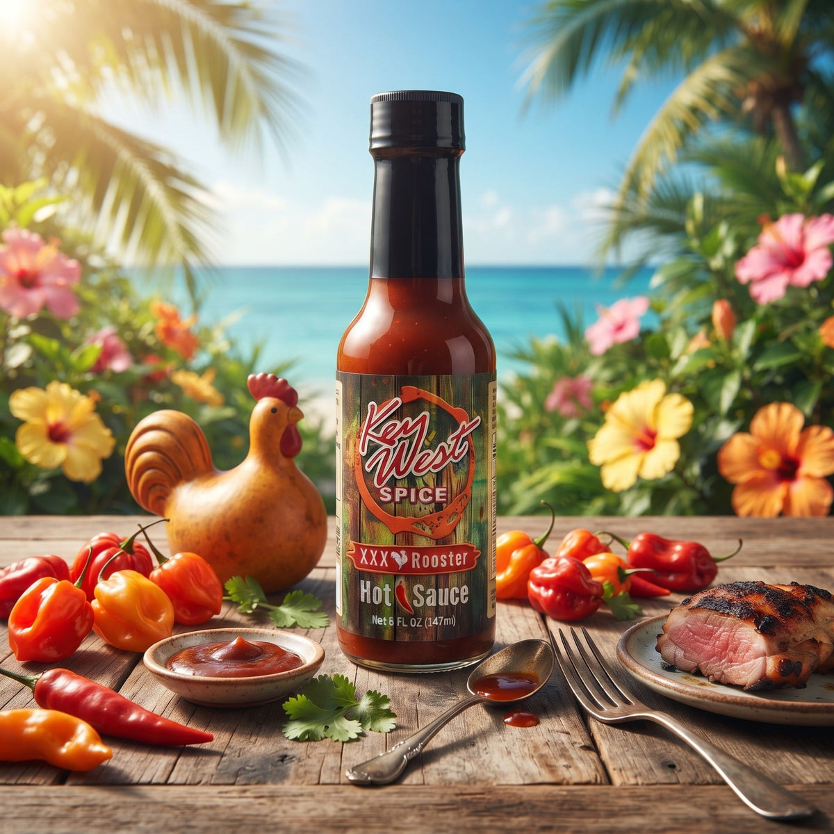 Bottle of XXX Rooster Hot Sauce by Key West Spice, 5 oz., with orange-red hot sauce inside and a rooster-themed label.