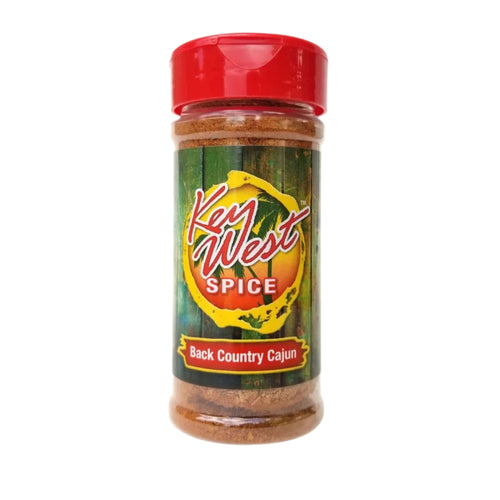 Back Country Cajun Blackening Seasoning by Key West Spice in a 3 oz jar with a spicy, flavorful blend for grilling and cooking.