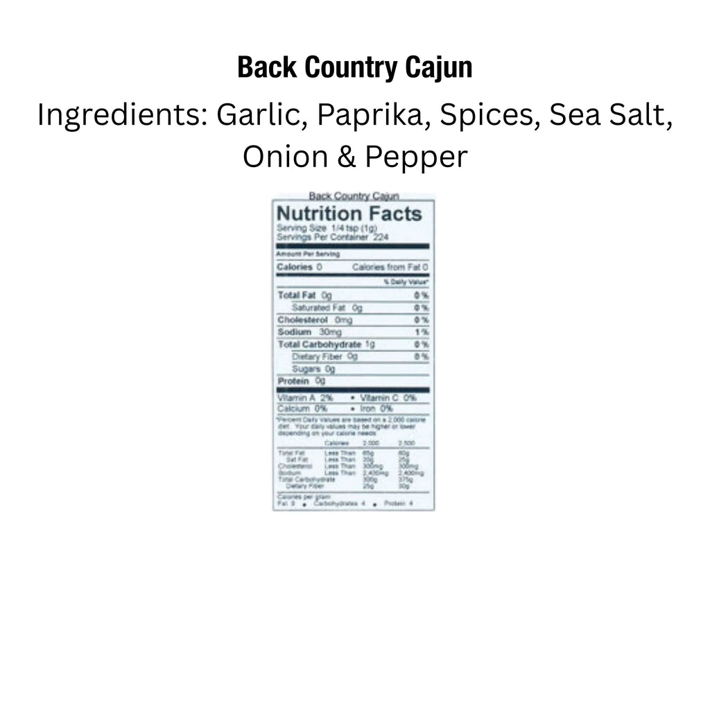 Back Country Cajun Blackening Seasoning by Key West Spice, featuring a close-up of the nutritional label on the jar