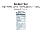 Back Country Cajun Blackening Seasoning by Key West Spice, featuring a close-up of the nutritional label on the jar