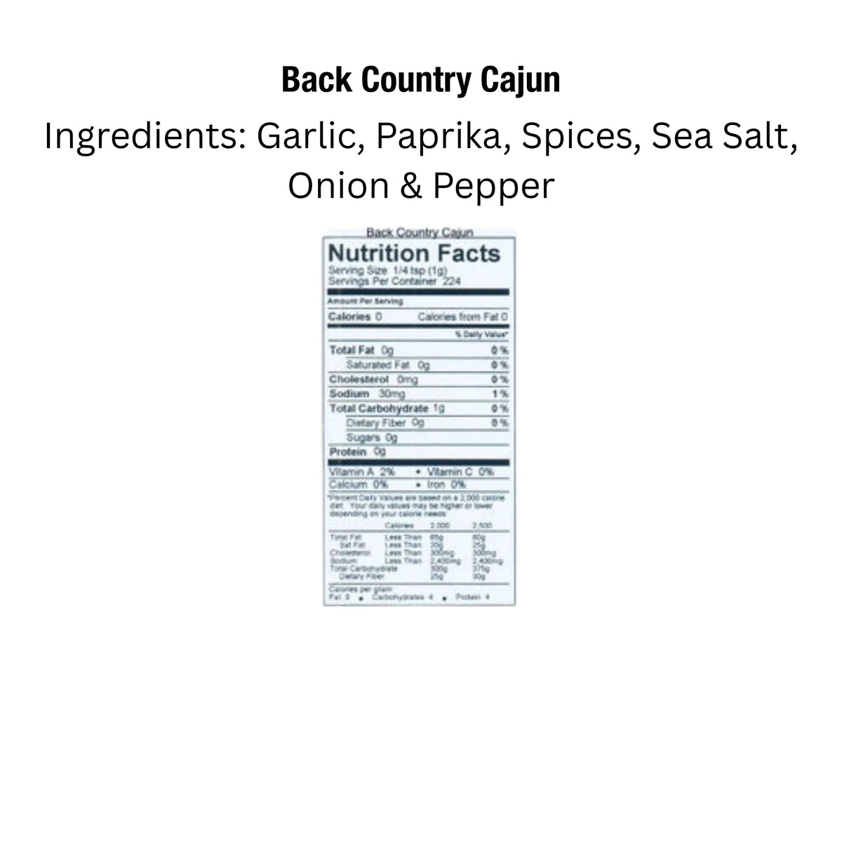 Back Country Cajun Blackening Seasoning by Key West Spice, featuring a close-up of the nutritional label on the jar