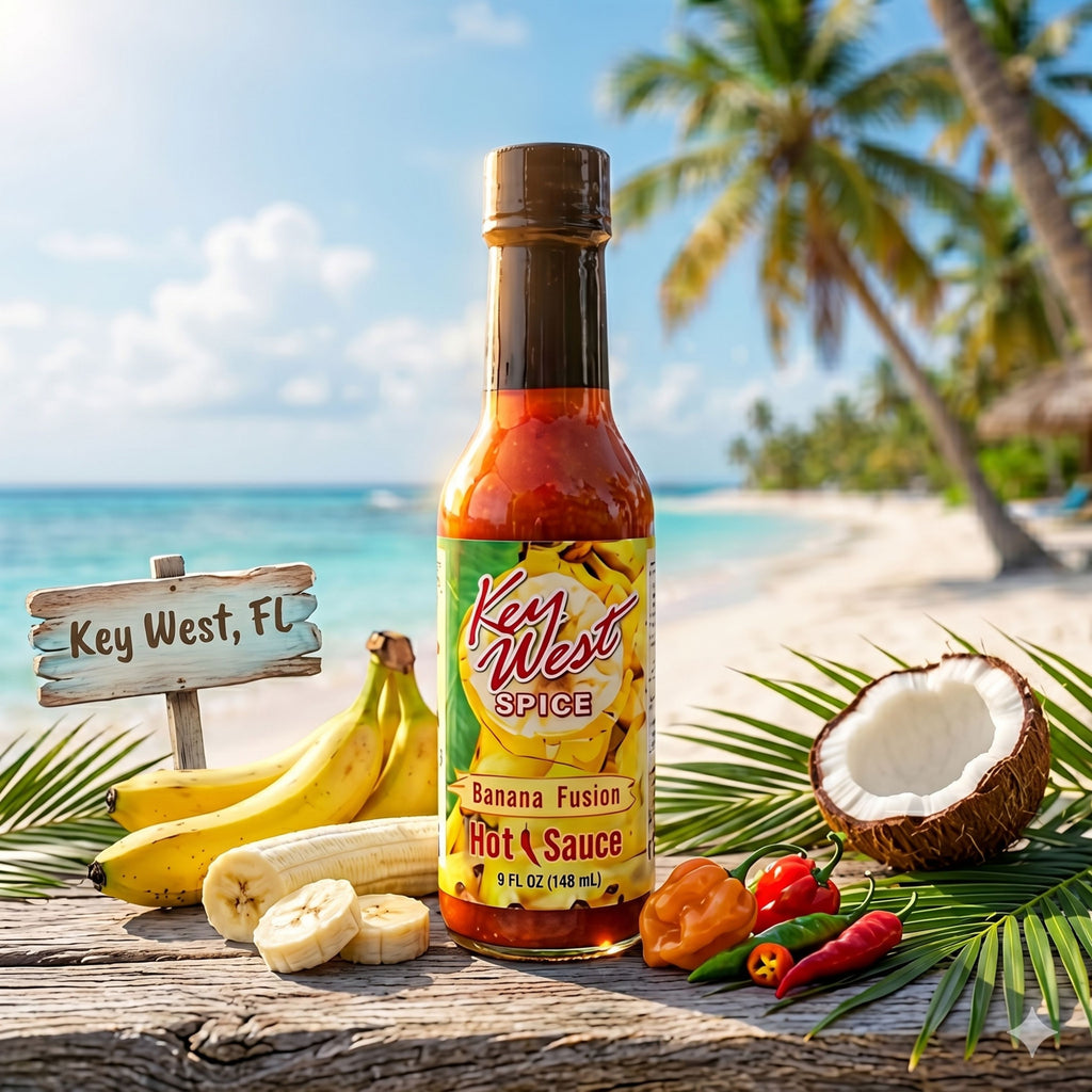Key West Spice Banana Fusion Hot Sauce 5 oz bottle showing vibrant label and fresh banana ingredients