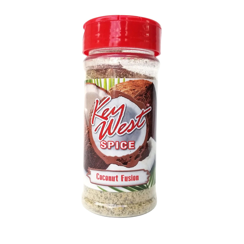 Coconut Fusion Salt-Free Sugar-Free spice blend by Key West Spice in a 4 oz jar, featuring shredded coconut and natural seasonings.