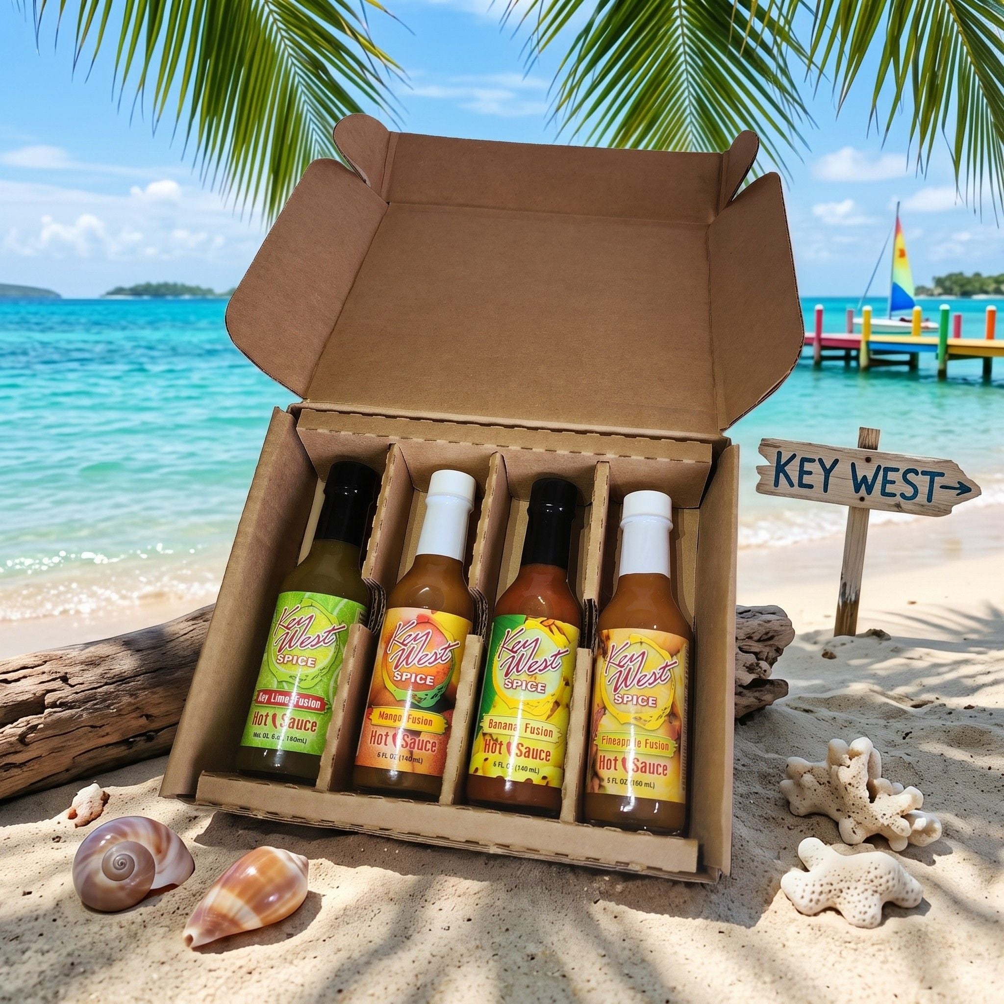 Key West Spice Fusion Hot Sauce Gift Box with four 5 oz bottles of spicy sauces arranged in a decorative box.