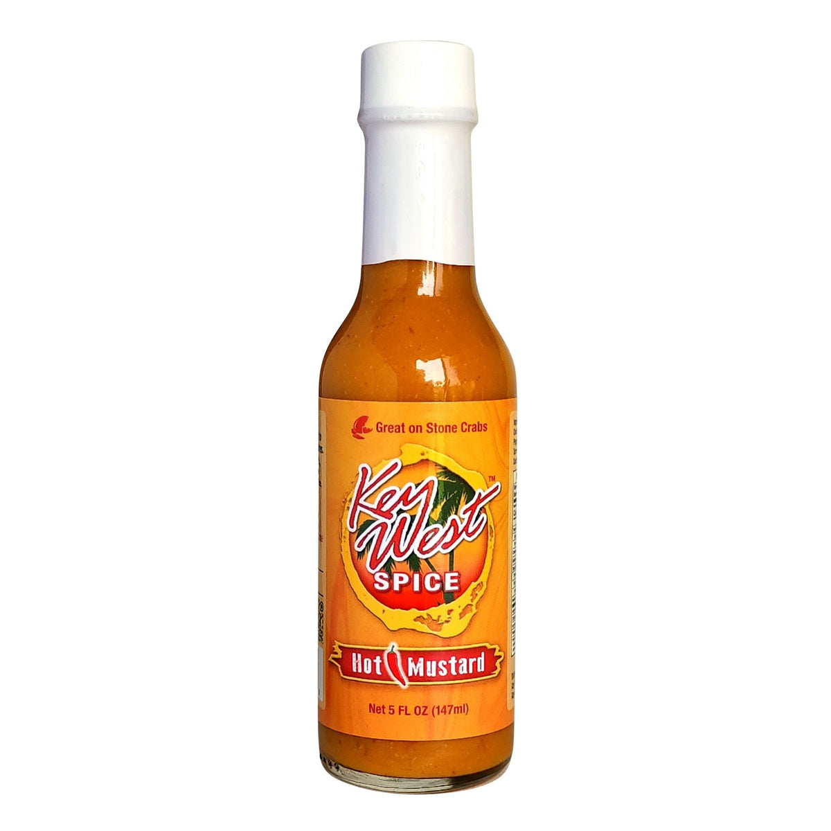 Key West Spice hot mustard in a 5 oz jar, vibrant yellow mustard with spicy flavor, ready for condiments or cooking.