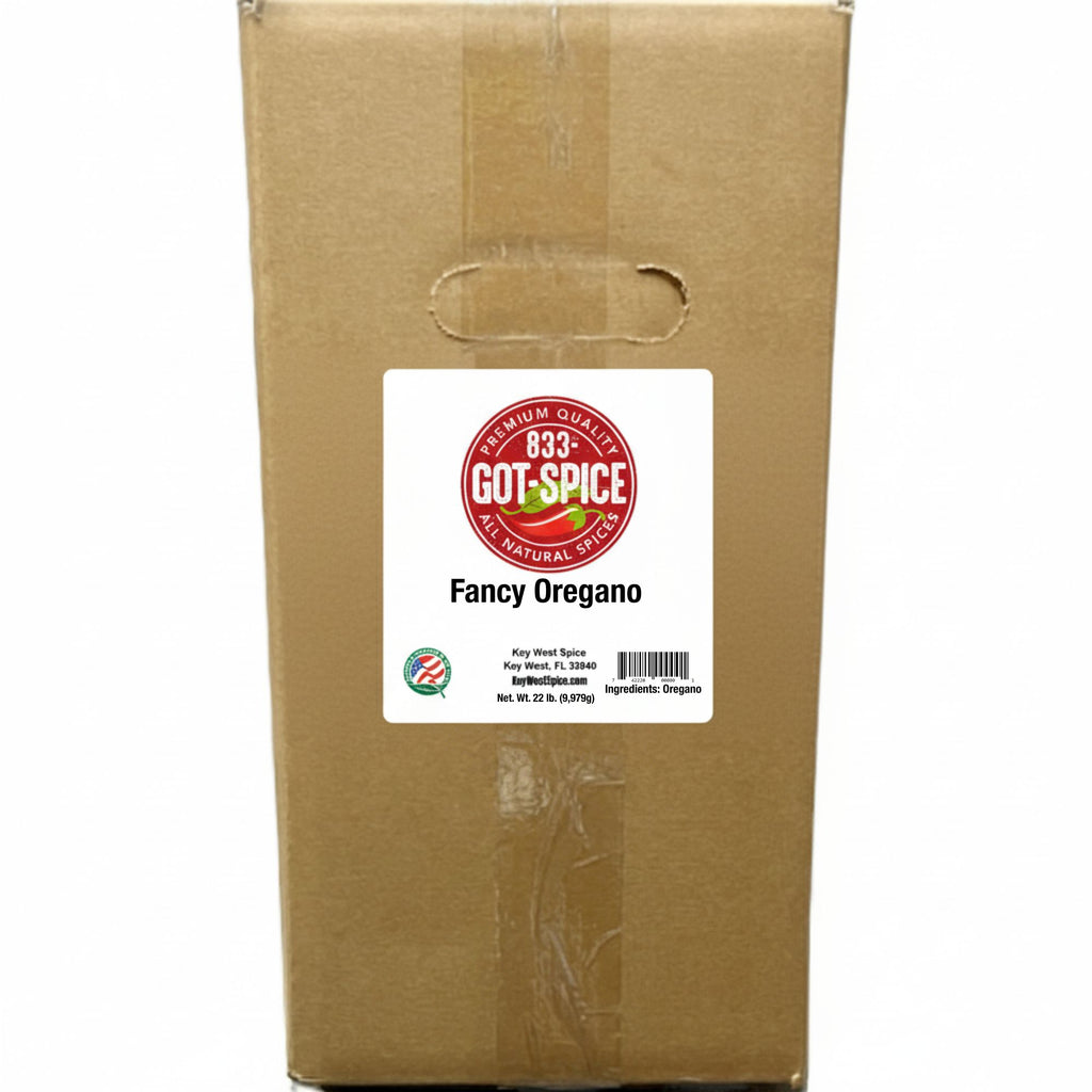 Fresh Key West Spice Fancy Oregano Leaves in 10 oz, vibrant green dried herb with textured leaves for culinary use.
