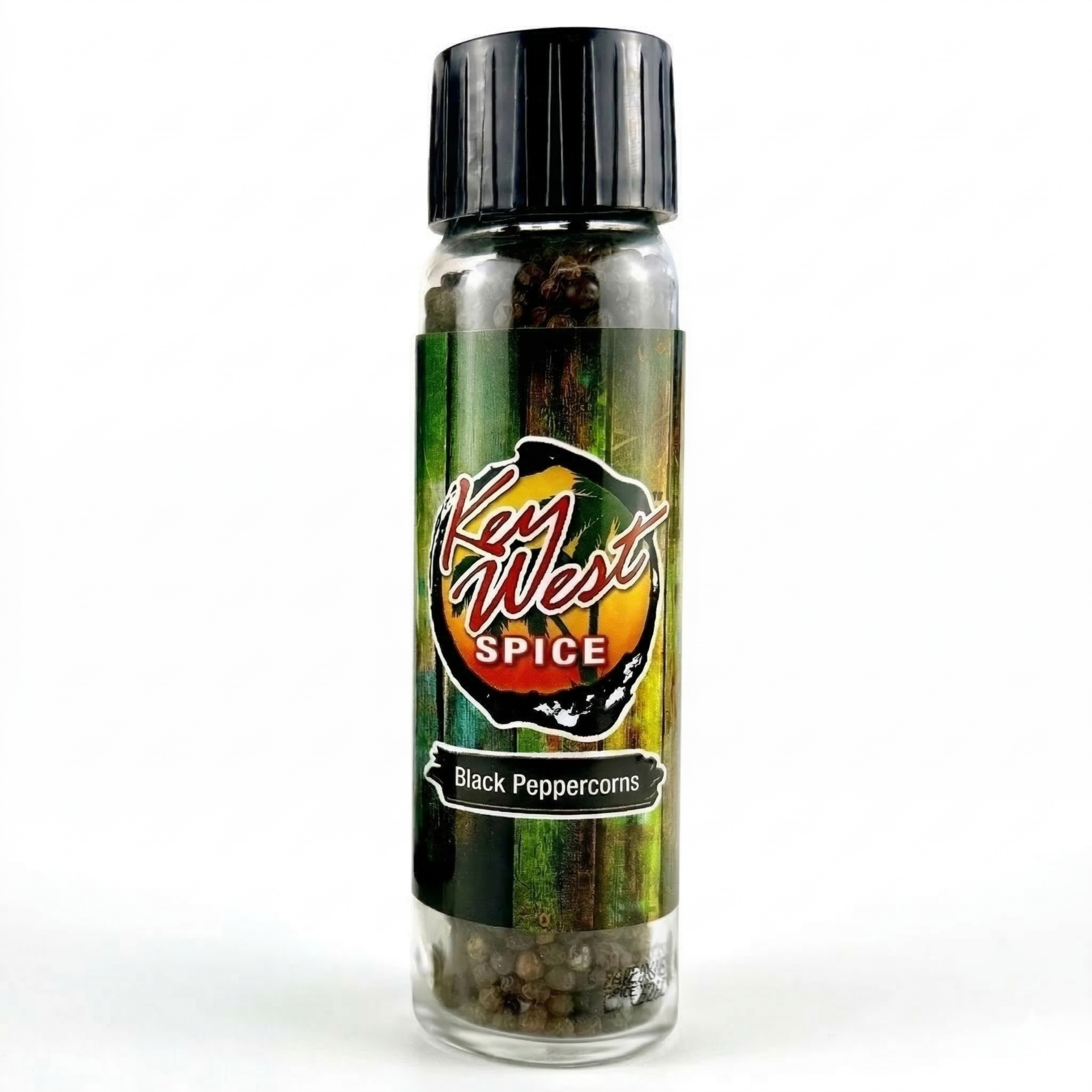 Key West Spice black peppercorns grinder, 2.82 oz, showing a black peppercorns grinder with fresh peppercorns ready for seasoning.