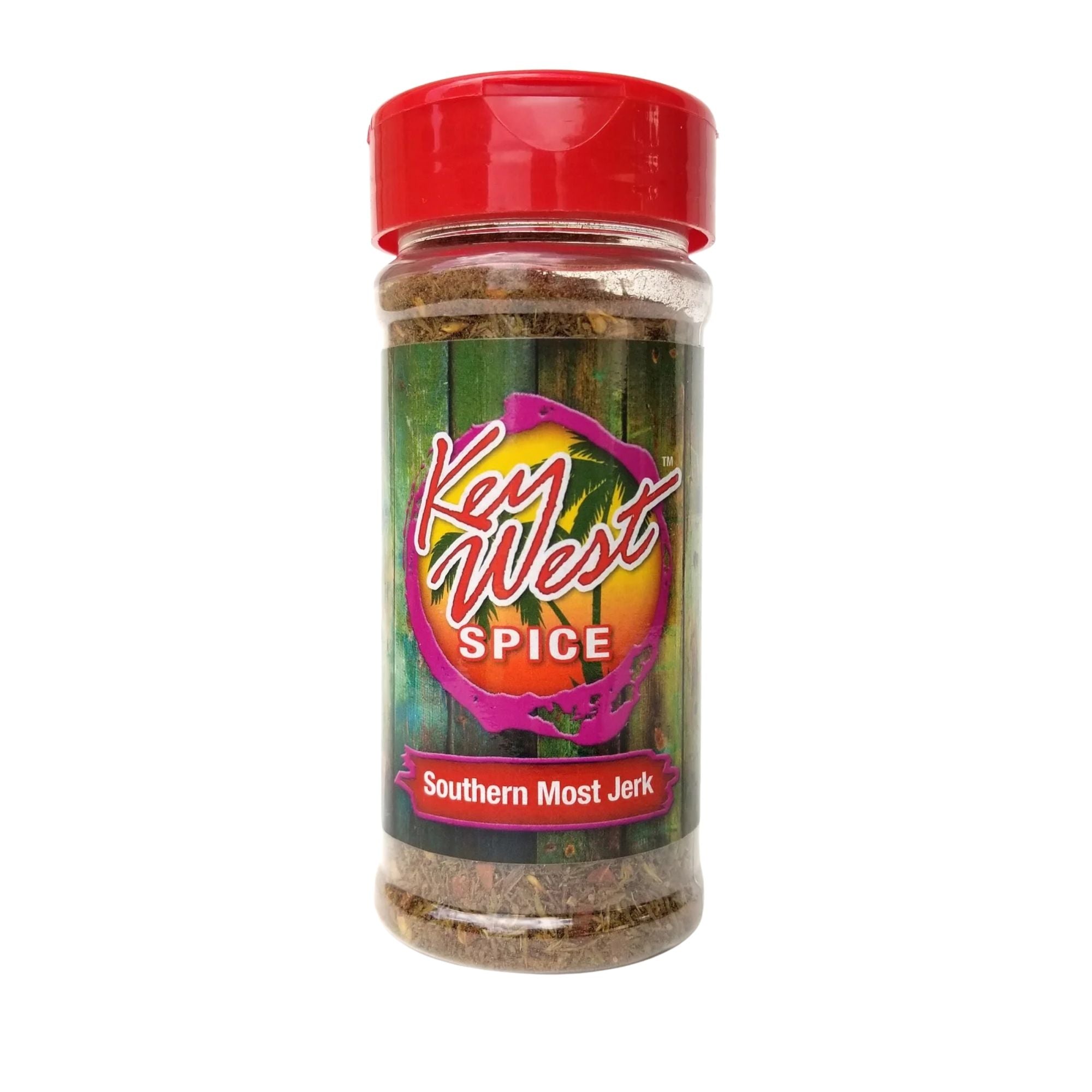 Key West Spice Southern Most Jerk seasoning jar showing label with spicy blend and vibrant packaging.