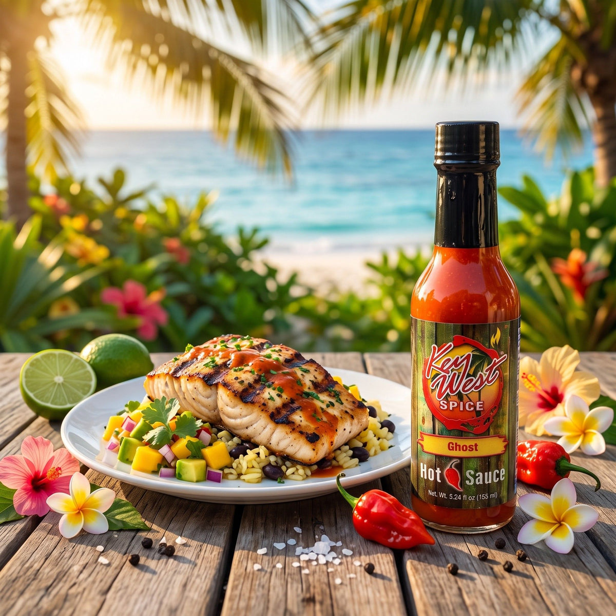 Key West Spice Ghost Hot Sauce bottle with red cap and vibrant label, showcasing fiery chili peppers and spicy flavor.