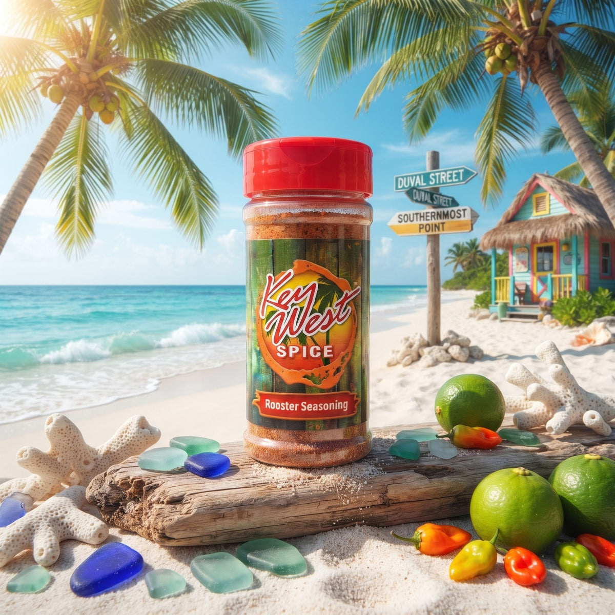 Jar of Key West Spice Rooster Seasoning with colorful label, ready to add flavor to your dishes