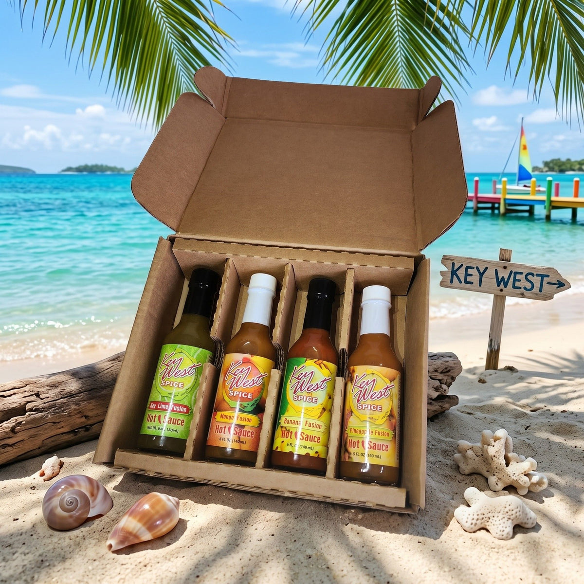 Key West Spice Fusion Hot Sauce Gift Box with four 5 oz bottles, showcasing vibrant labels and variety of spicy flavors.