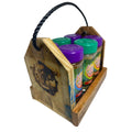 Reclaimed wood spice caddy and hot sauce rack by Key West Spice, designed to organize spices and sauces in a rustic kitchen setting.