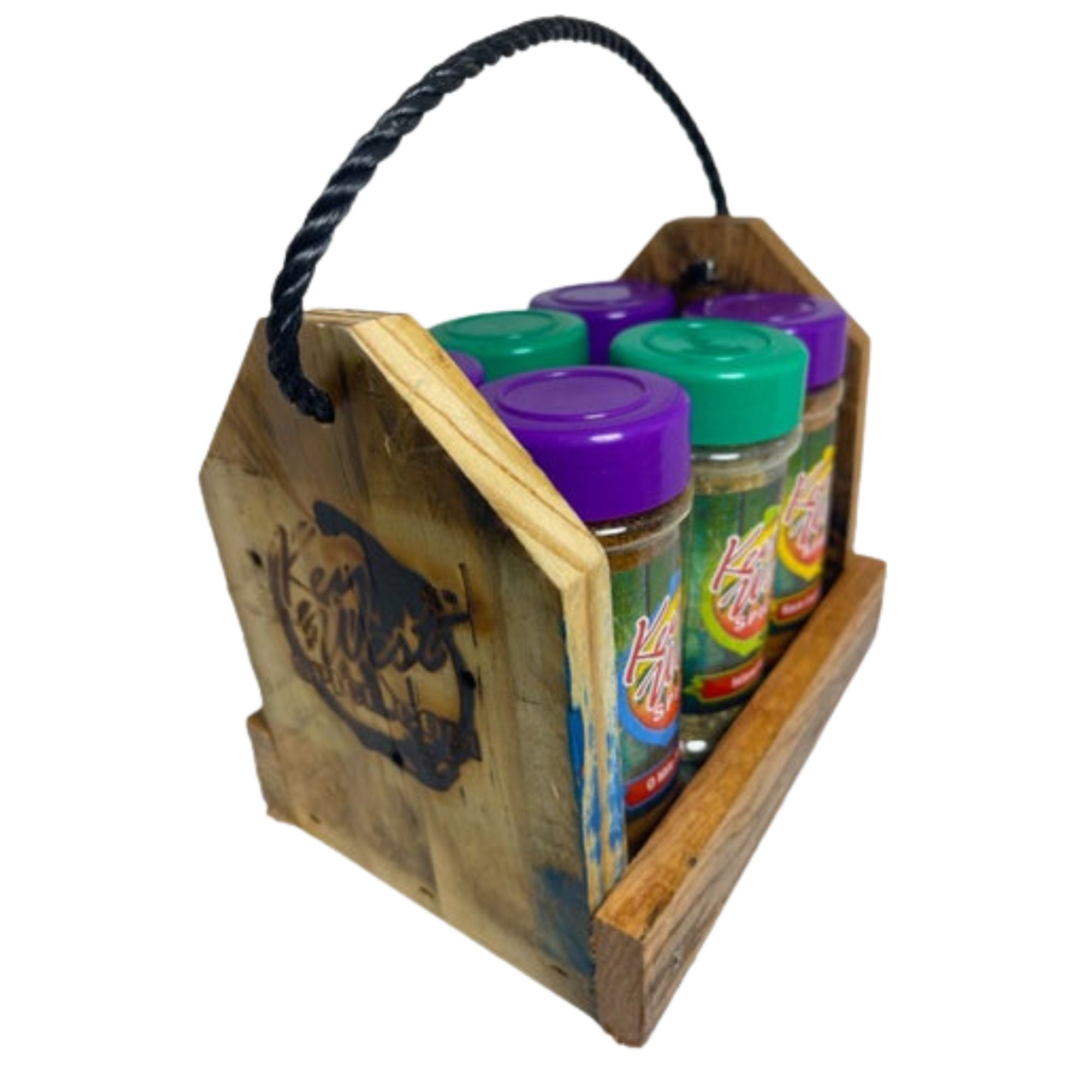 Reclaimed wood spice caddy and hot sauce rack by Key West Spice, designed to organize spices and sauces in a rustic kitchen setting.
