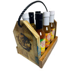 Reclaimed wood spice caddy and hot sauce rack from Key West Spice, ideal for organizing spices and condiments in the kitchen.