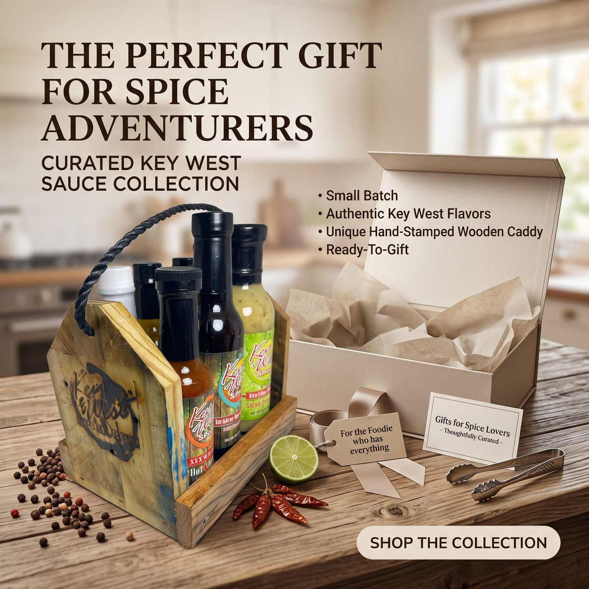 Reclaimed wood spice caddy and hot sauce rack by Key West Spice, wooden storage for spices and condiments on countertop.