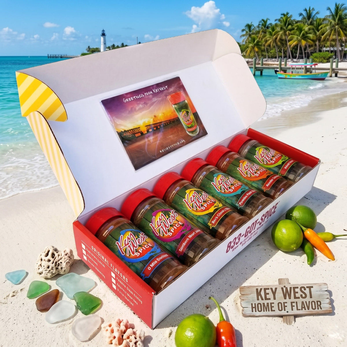 Key West Spice gift box with six fusion flavor spice jars, salt-free and sugar-free options, perfect for gourmet seasoning.
