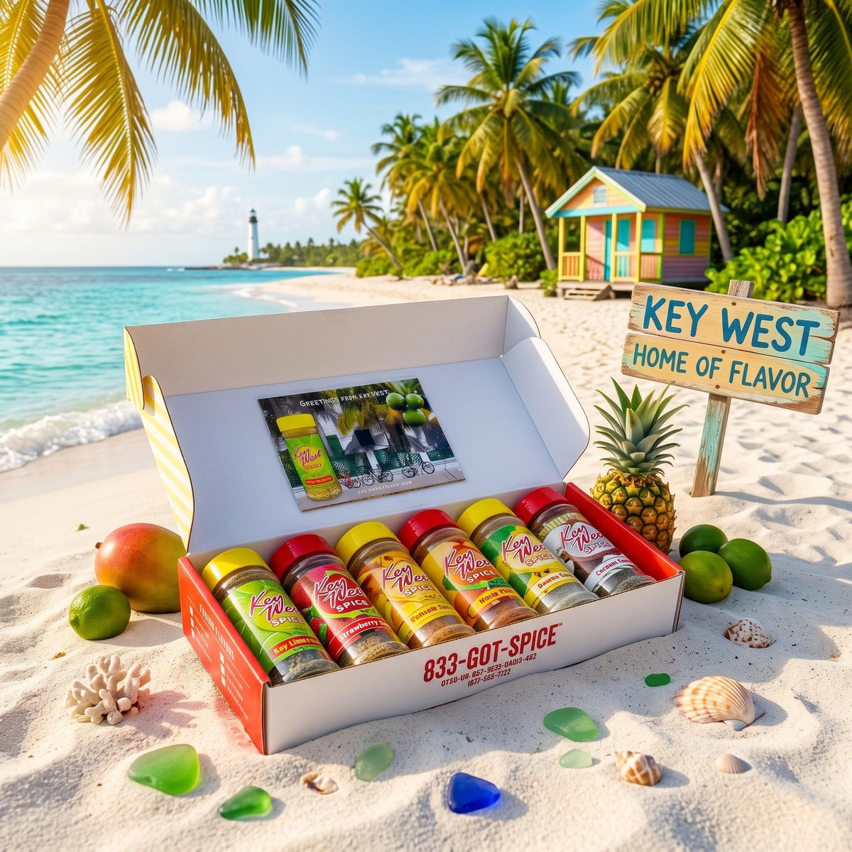 Key West Spice gift box featuring six fusion flavor salts, salt-free and sugar-free options, perfect for spice gifting.