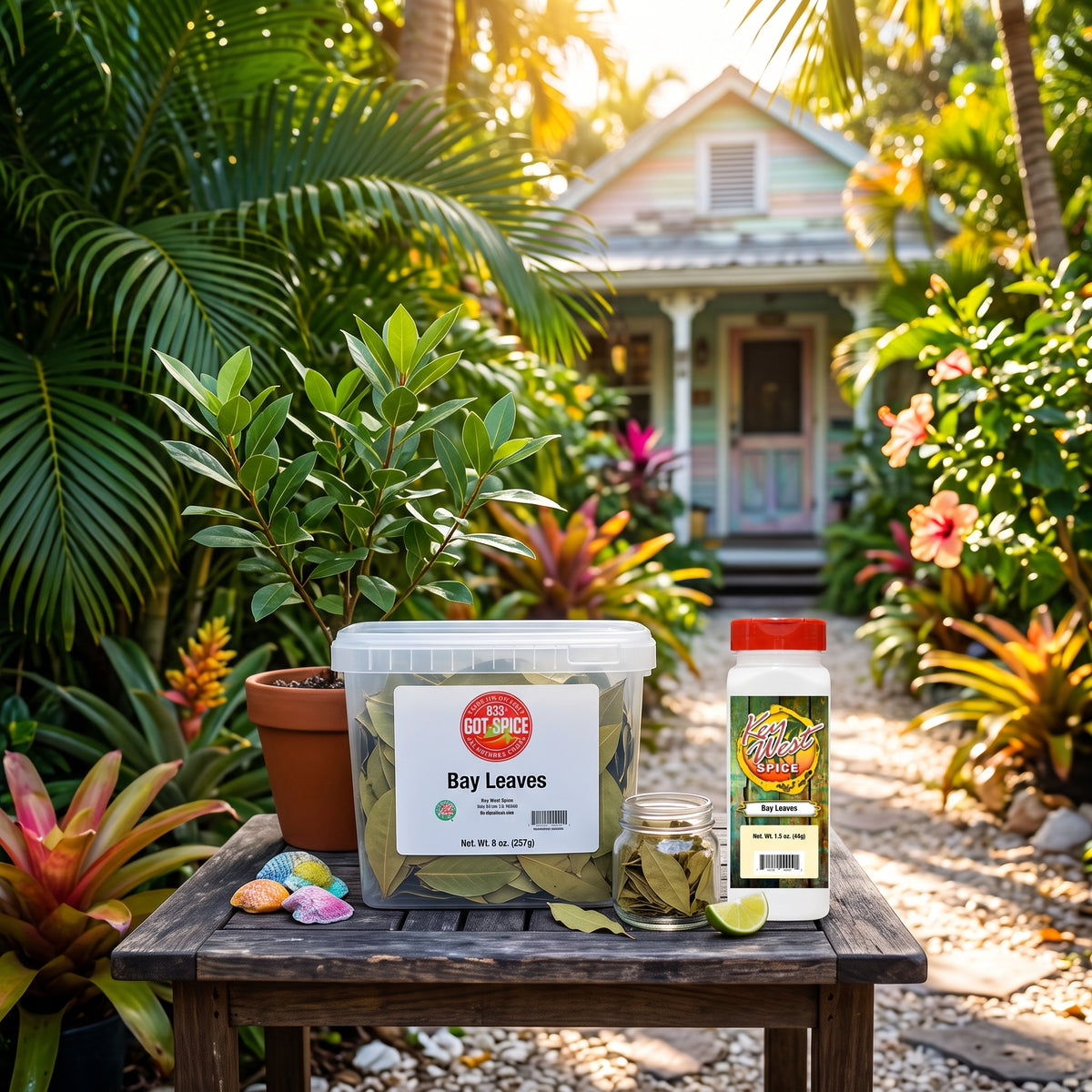 Dried bay leaves from Key West Spice in a jar, showcasing fresh green bay leaves used as a flavorful culinary spice.
