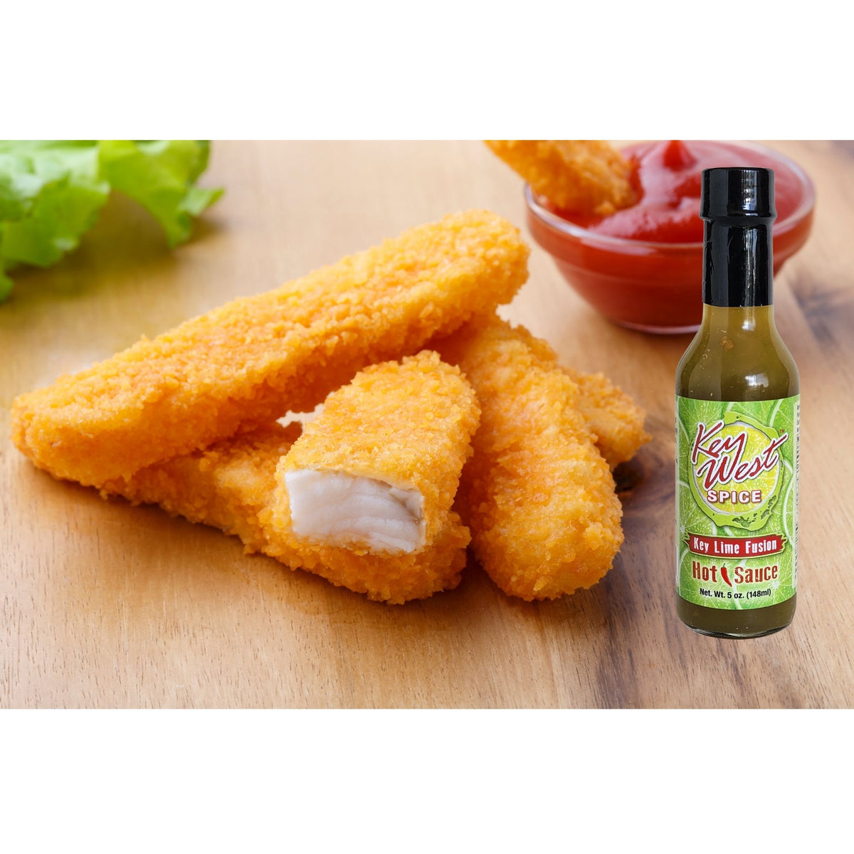 Key West Spice Key Lime Fusion Hot Sauce bottle, 5 oz, with vibrant label and fresh lime imagery, showcasing the spicy citrus flavor.