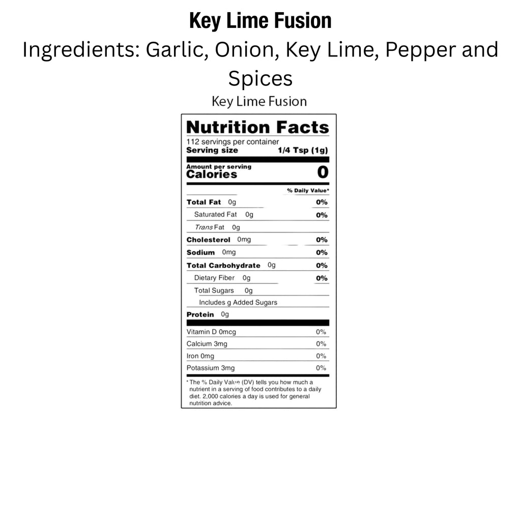 Key West Spice Key Lime Fusion salt-free, sugar-free seasoning blend in a jar, with fresh key lime slices and herbs visible.