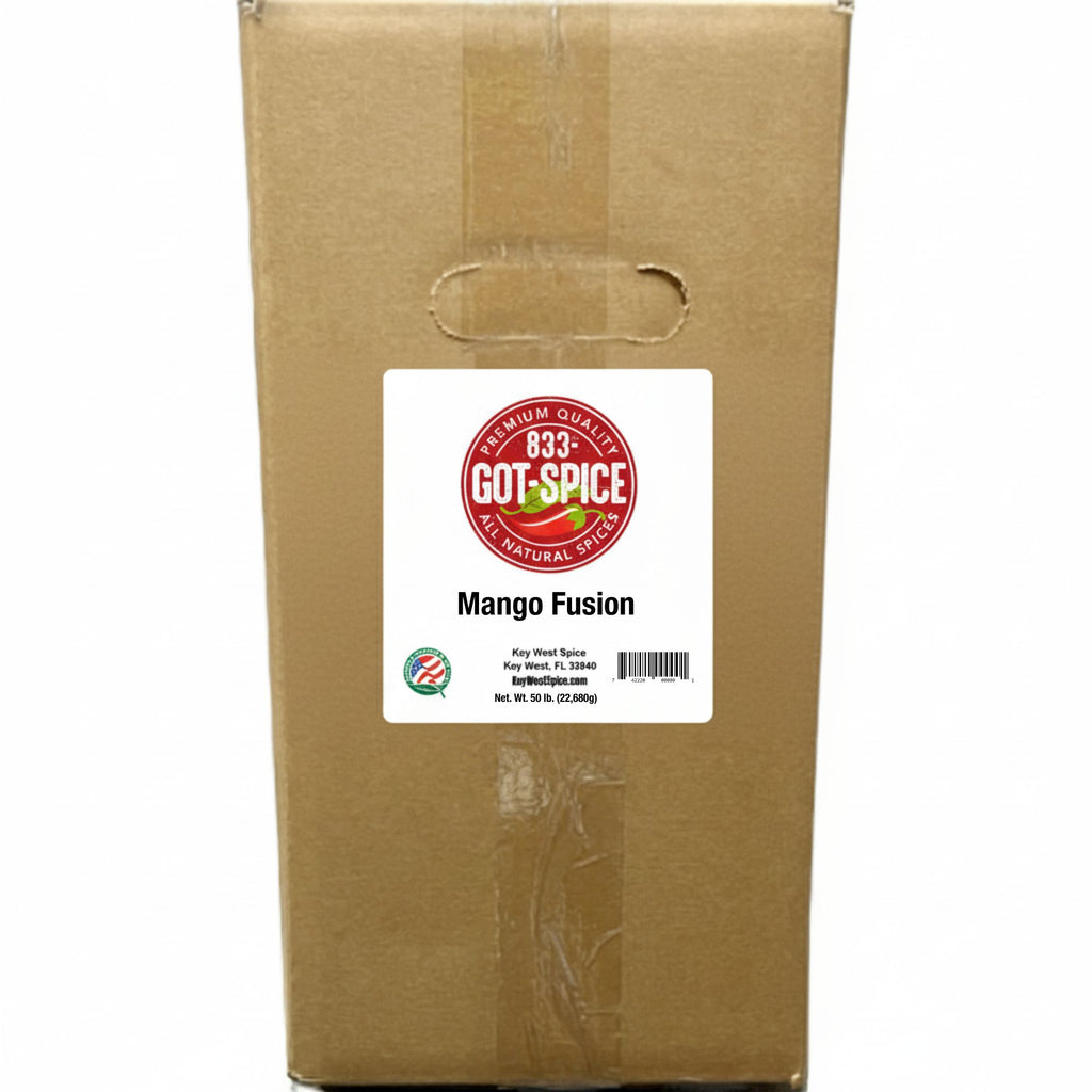 Key West Spice Mango Fusion salt-free and sugar-free seasoning blend in bulk, vibrant mango and spice ingredients.