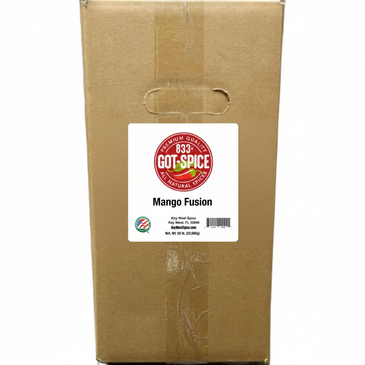 Key West Spice Mango Fusion salt-free and sugar-free seasoning blend in bulk, vibrant mango and spice ingredients.