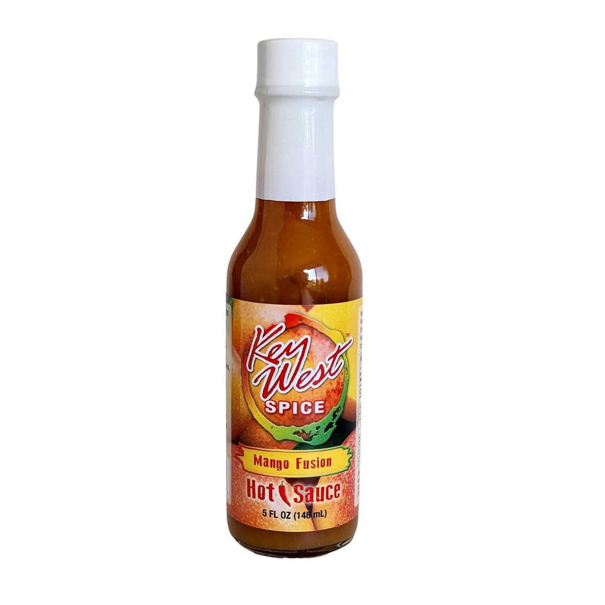 Bottle of Key West Spice Mango Fusion Hot Sauce, 5 oz., with vibrant label and orange mango flavor visible.