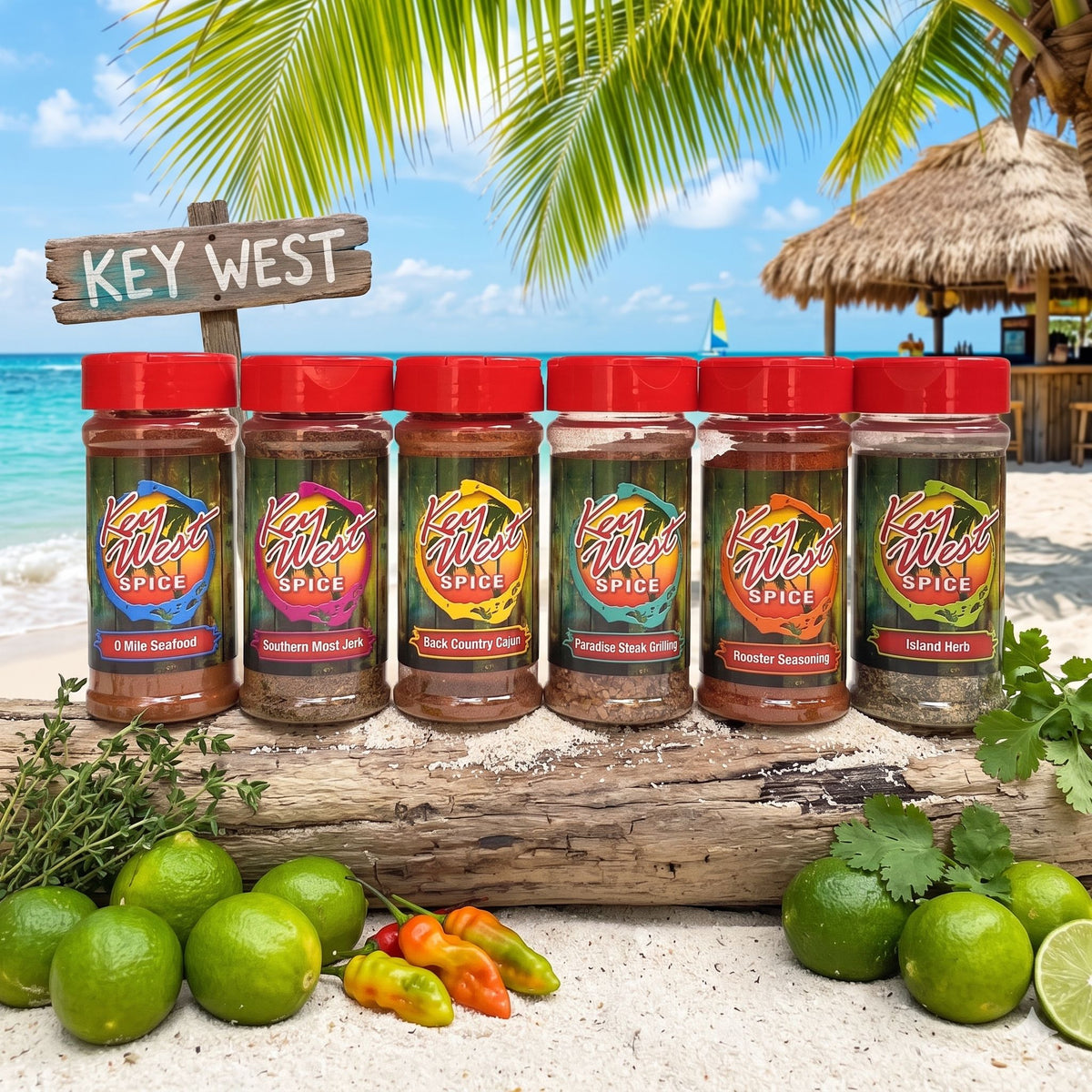 Assorted case of 12 Key West Spice seasonings with various original spice blends in colorful jars.