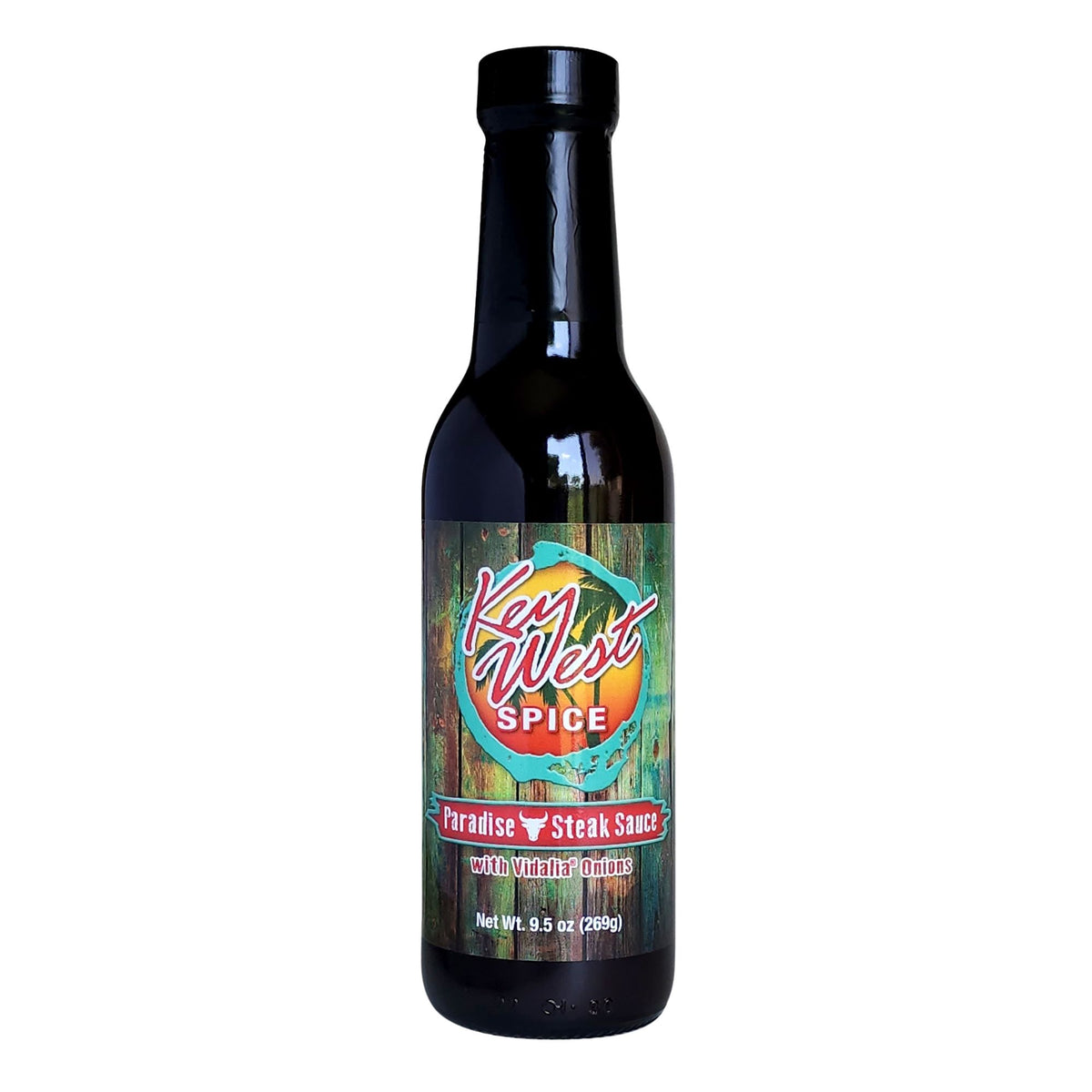 Key West Spice Paradise Steak Sauce with Vidalia® Onions in a 9.5 oz bottle, showcasing the rich, flavorful sauce.