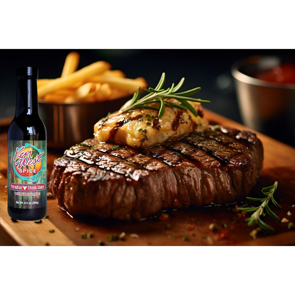 Key West Spice Paradise Steak Sauce with Vidalia® Onions in a 9.5 oz bottle, showcasing a rich, flavorful sauce for steaks