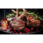 Key West Spice Peach Fusion Hot Sauce with Vidalia® Onions served with pork chops, showcasing the sauce's vibrant peach color and fresh ingredients.