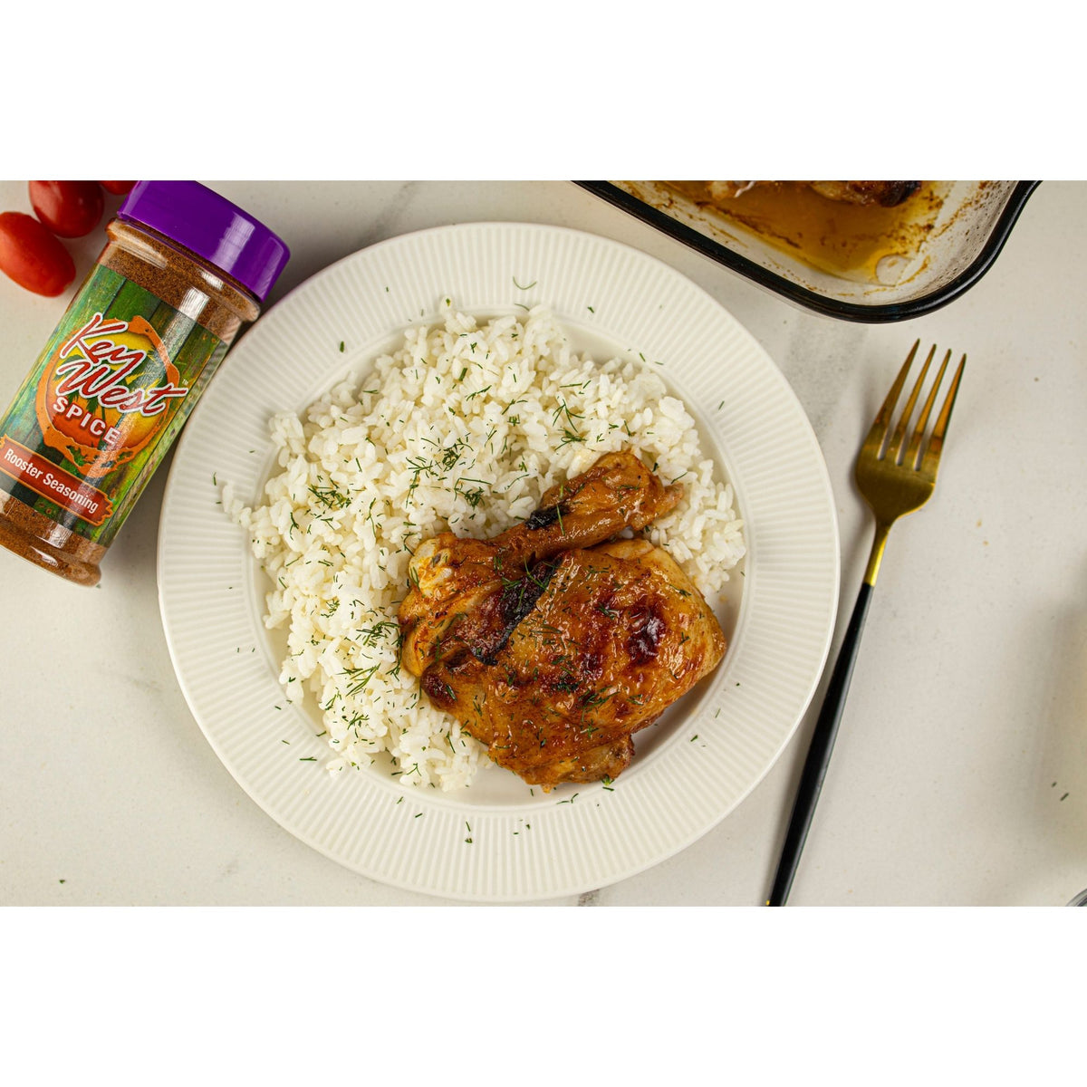 Key West Spice Rooster Seasoning in 1.5 oz jar, featuring a colorful rooster label and seasoning inside.