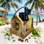 Reclaimed wood spice caddy and hot sauce rack by Key West Spice, featuring a rustic design with multiple compartments for sauces and spices.