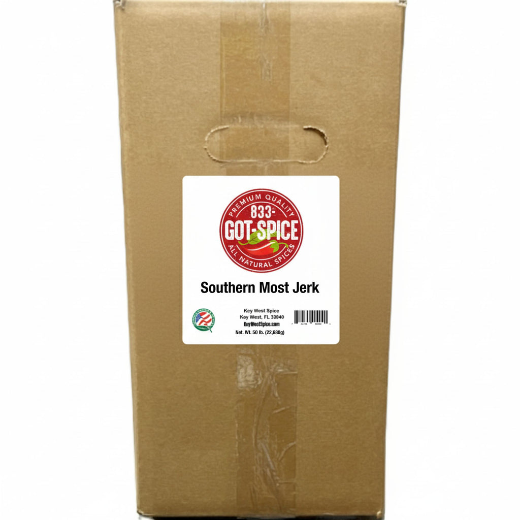Bulk jar of Key West Spice Southern Most Jerk seasoning with spices and herbs in a clear container for grilling and cooking.