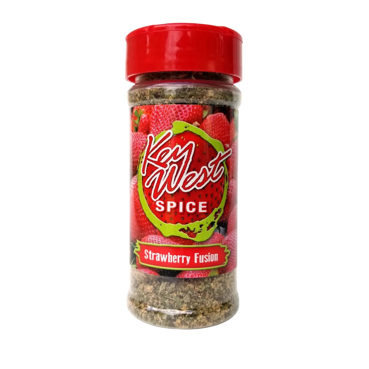 Key West Spice Strawberry Fusion Salt-Free Sugar-Free seasoning in a 4 oz jar, featuring vibrant strawberry flavor and natural ingredients.