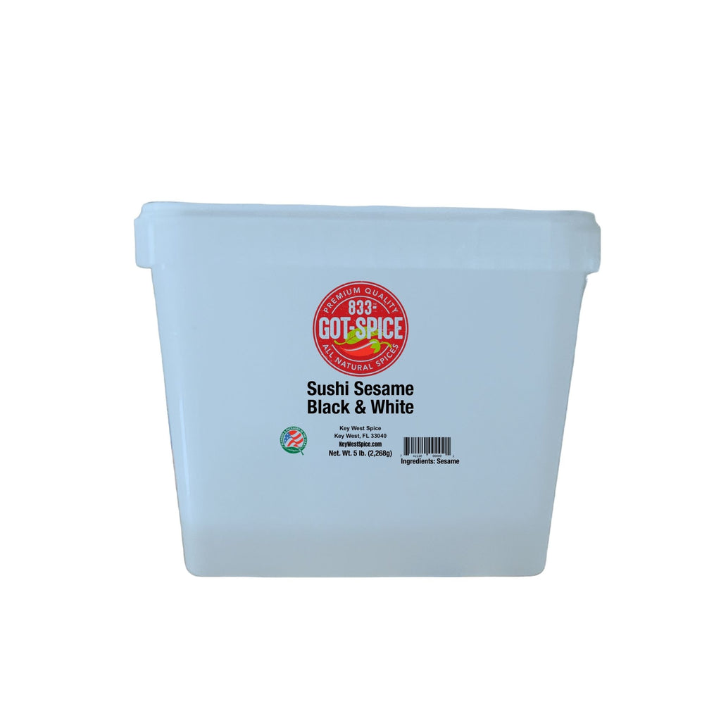 Black and white sesame seeds in a Key West Spice pail, perfect for sushi toppings and Asian cuisine garnishes.
